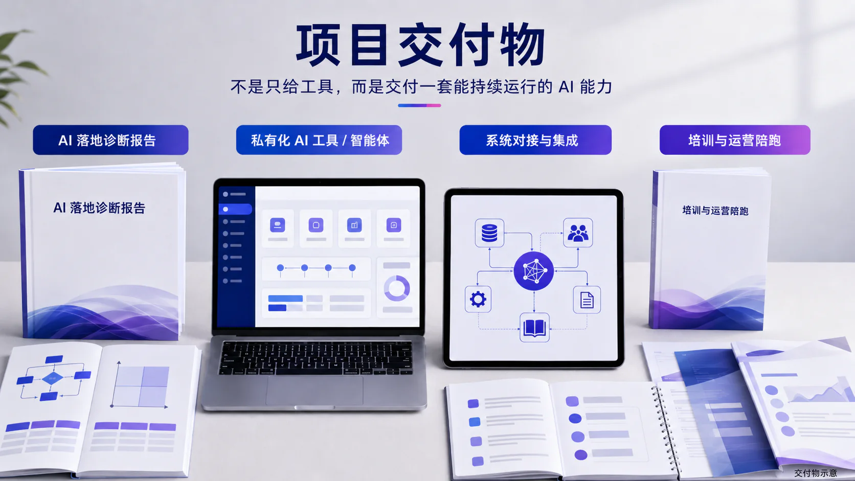 企业 AI 项目交付物示意:落地诊断报告、私有化 AI 工具与智能体、系统集成、培训与运营陪跑