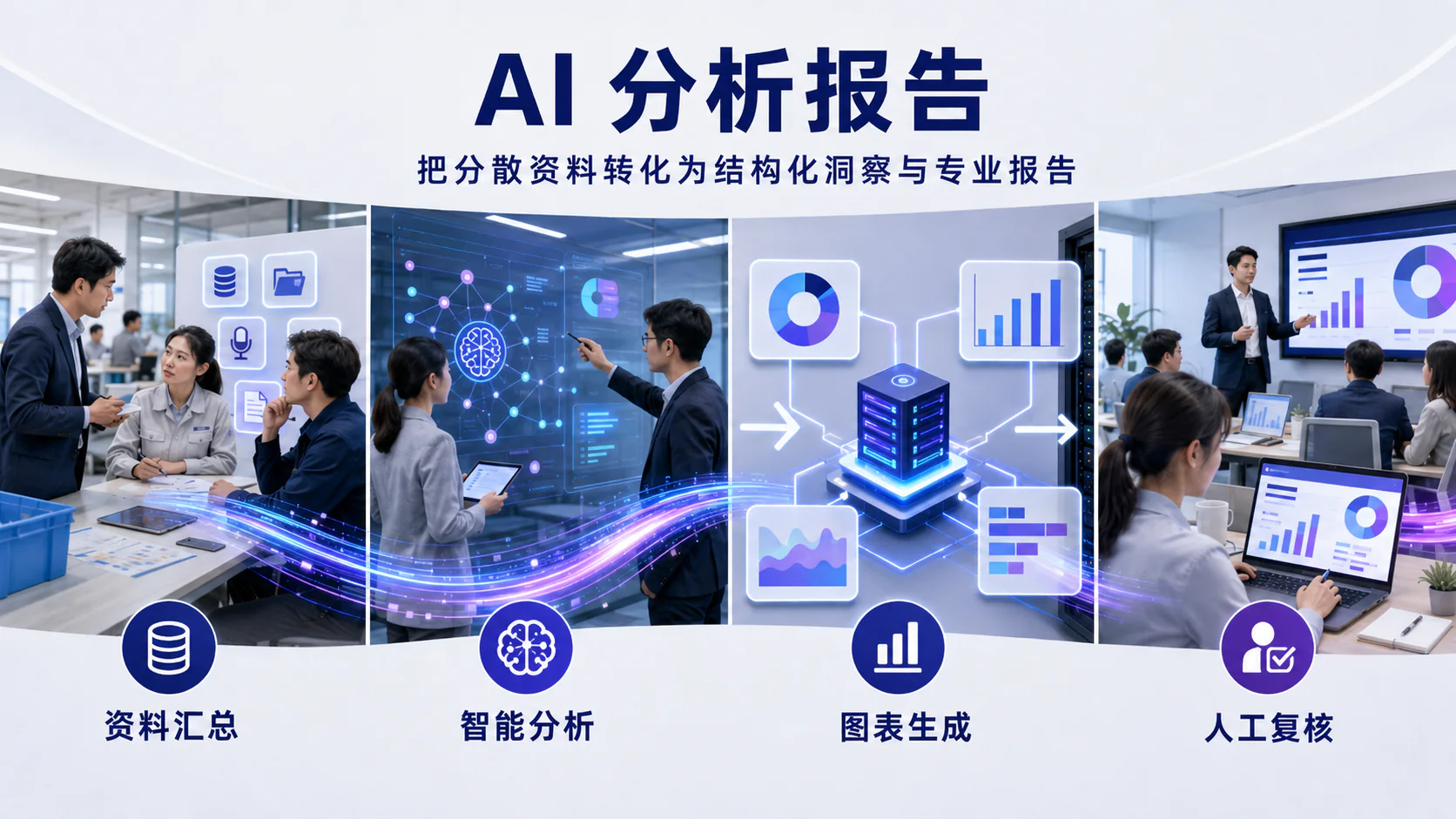 AI 分析报告流程示意：资料汇总、智能分析、图表生成与人工复核